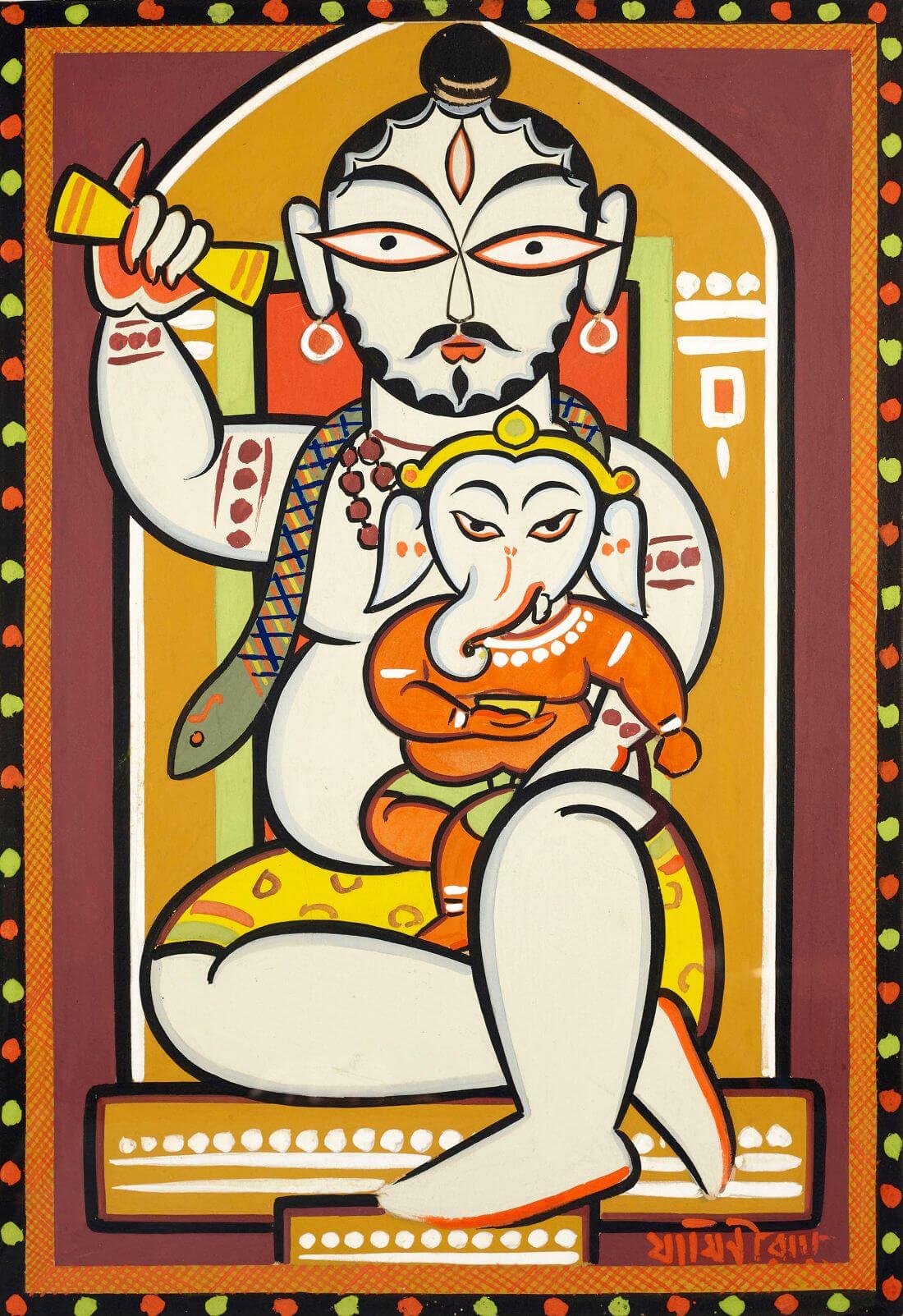 Lord Shiva with Bal Ganesh in lap by Jamini Roy